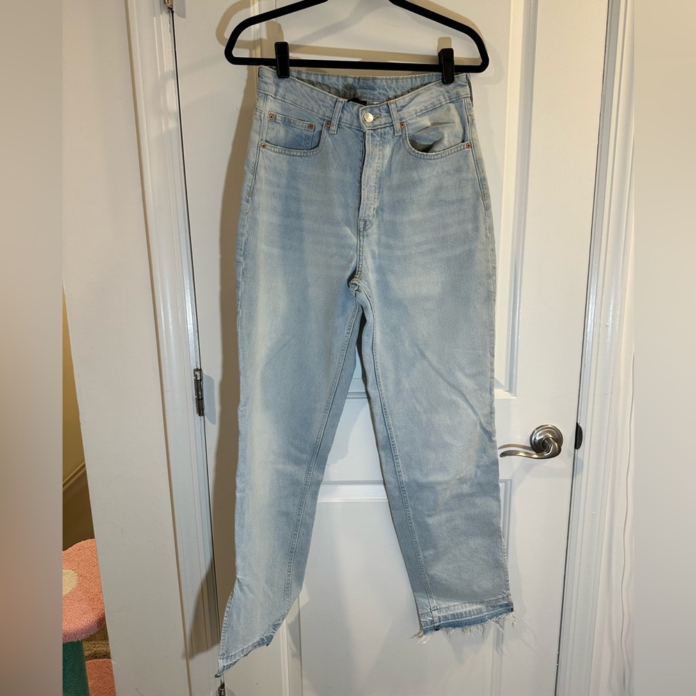 H&M Divided Straight High Waisted Jeans with Slit Hem in Light Denim Wash